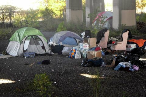 A homeless camp set up under I-95 in Bridgeport last year